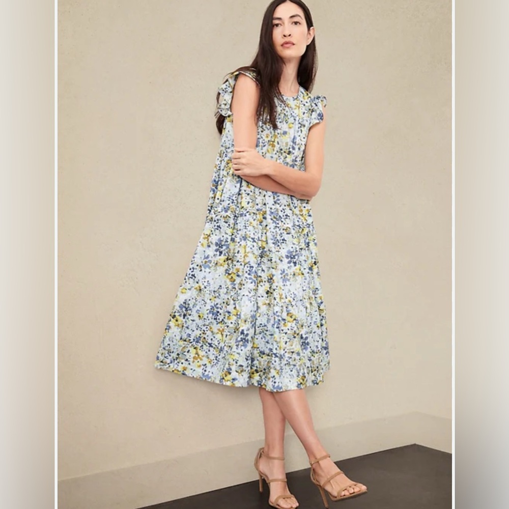 banana republic Petite Poplin Tiered Dress Floral Blue and Yellow Midi Dress